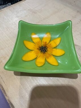 Green Glass Decorative Bowl with Yellow Flower Accent - Home Accents